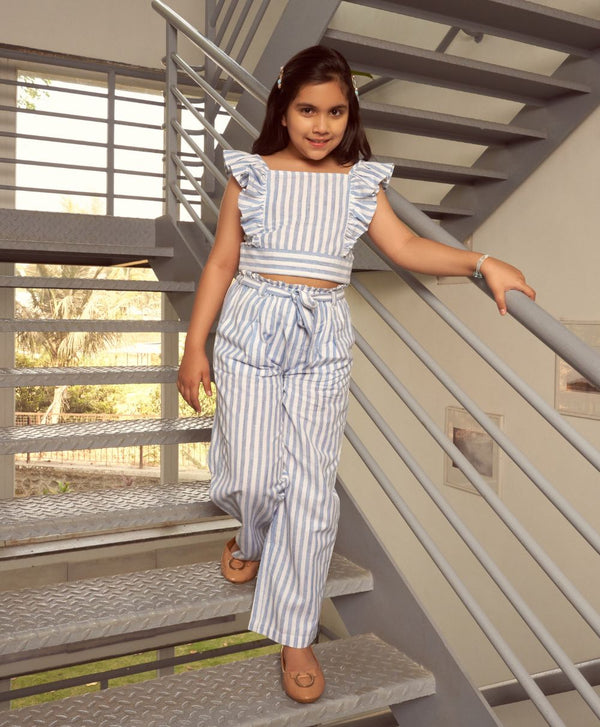 White and Blue Striped Cotton Co-ord Set