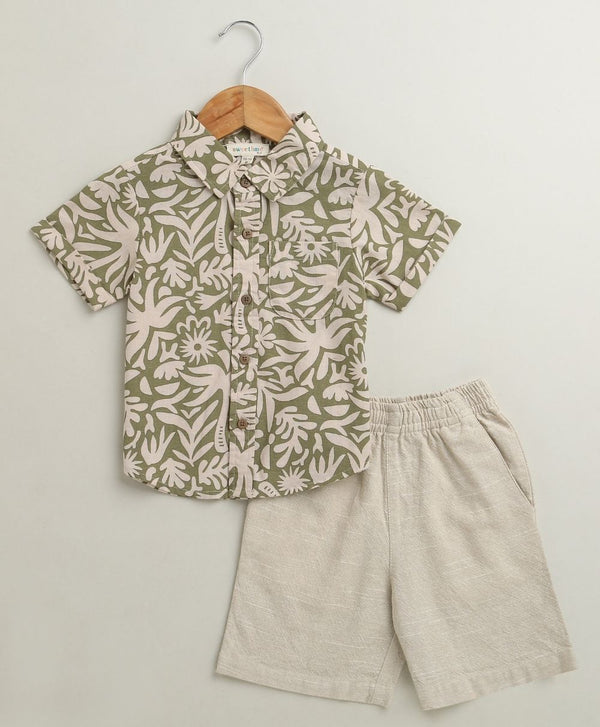 Sweetlime By AS Baby Boys Tropical Bloom Cotton Co-ord Set - Olive & Beige