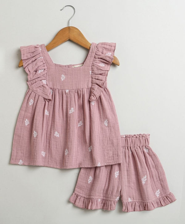 Leaf Embroidered Ruffle Organic Cotton Co-ord Set