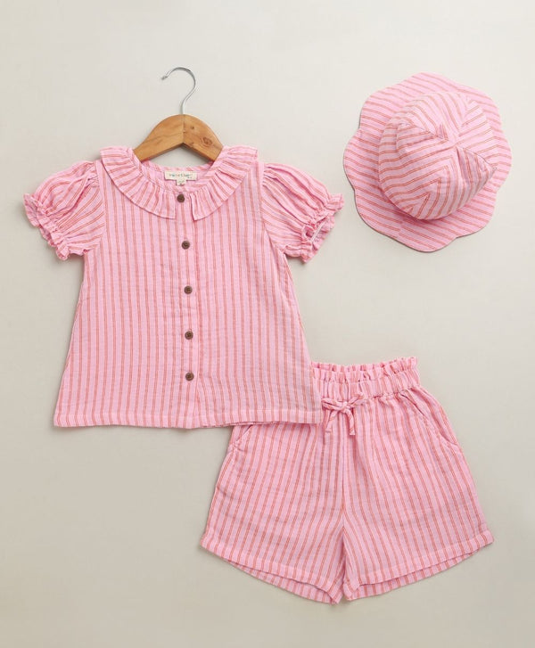 Sweetlime By AS Baby Girls Candy Stripe Organic Cotton Co-ord Set with a Hat - Pink
