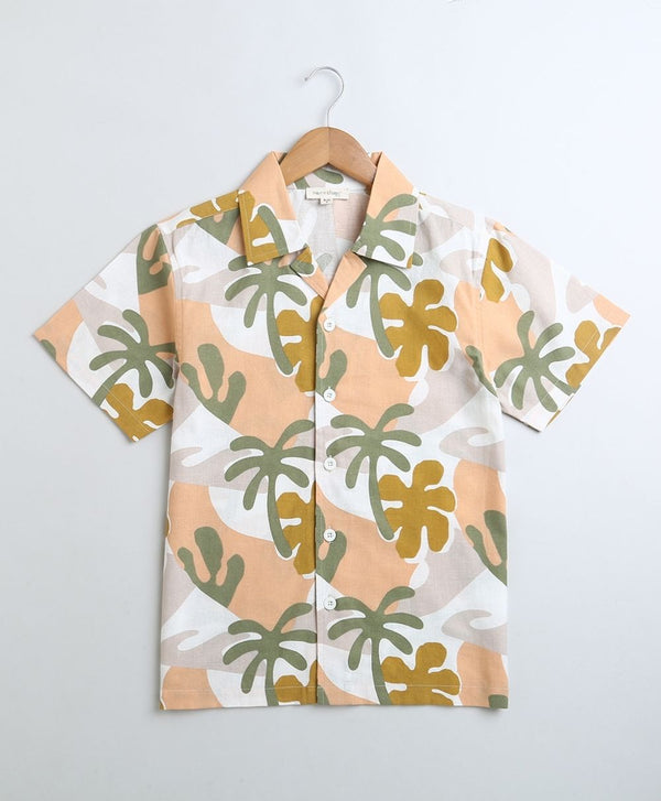 Father-Son Twinning Beige Tropical Print Organic Cotton Shirt.