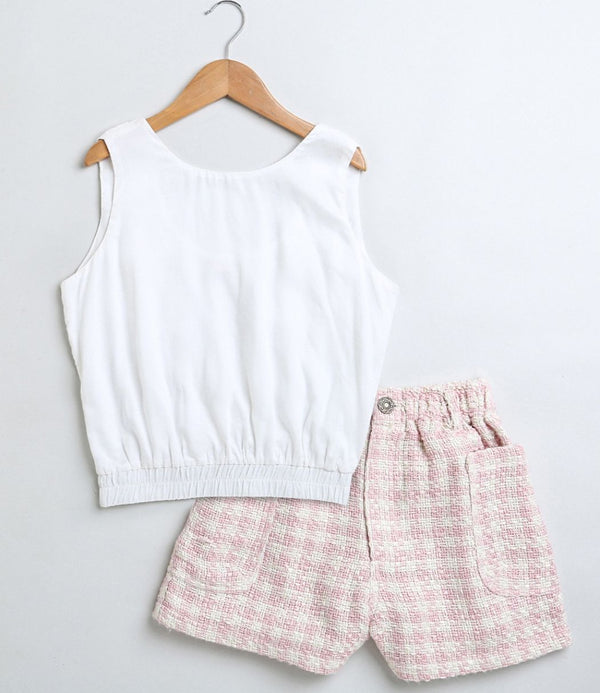 Stylish Solid White Viscose Top & Baby-Pink Cotton Tweed Jacquard Shorts Set