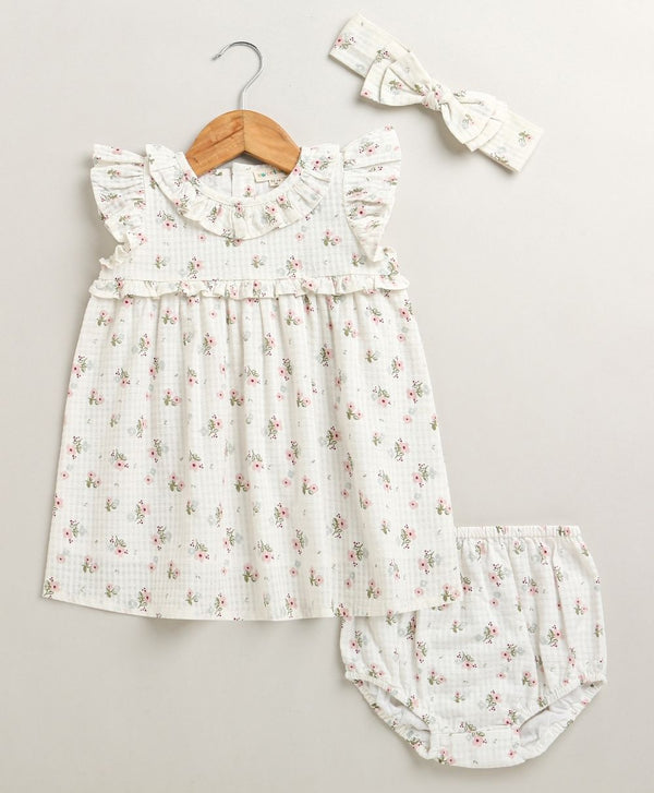 Sweetlme By AS Sweet Blossom Ruffle Organic Cotton Dress & Bloomer Set with Hairband - Off White