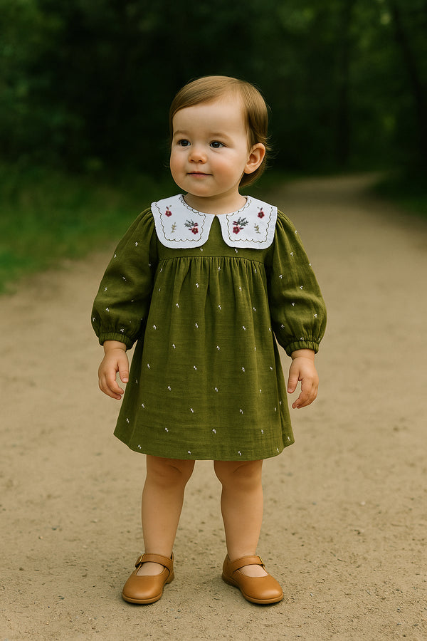 Peter Pan Collar Olive Green Cotton Dress with a Matching Bloomer