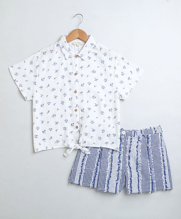 Stylish White Floral Print Cotton Shirt & Jacquard Blue Shorts Coord Set