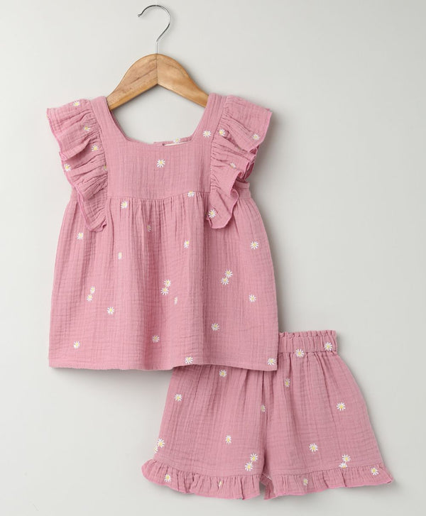 Pink Floral Embroidery Organic Cotton Co-ord Set