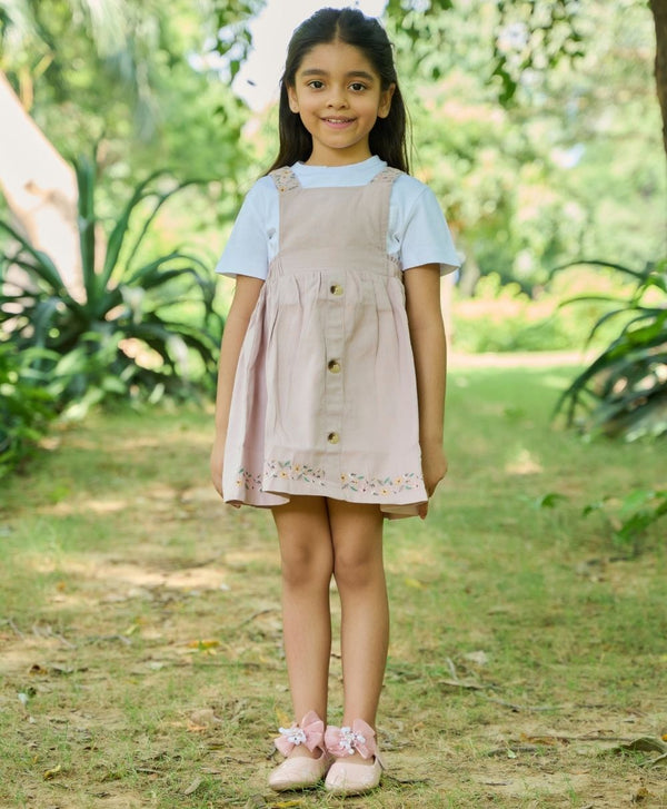 Rose Pink Cotton Twill Pinafore Dress With White Tshirt .
