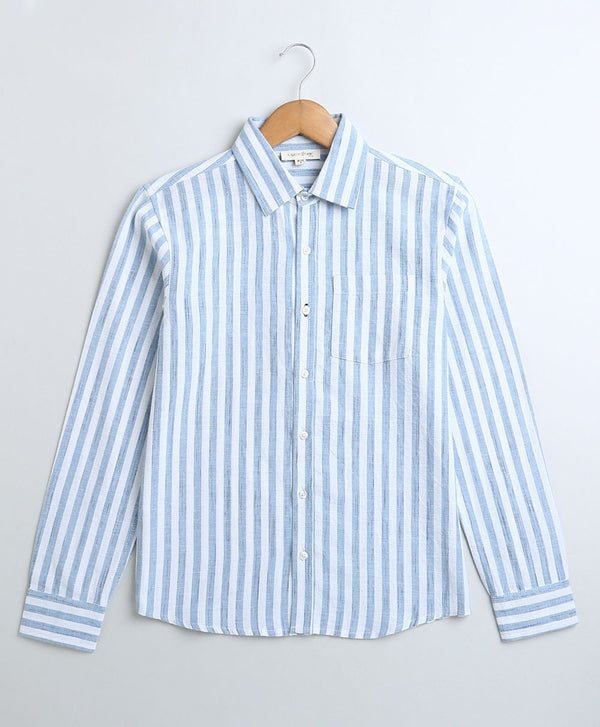 Blue & White Striped Full Sleeves Cotton Slub Shirt