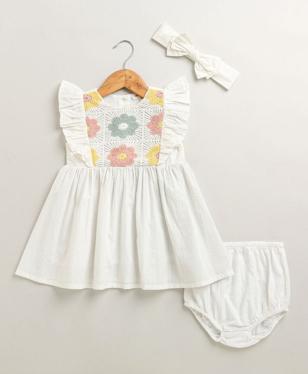 Sweetlime By AS Baby Girls' Organic Cotton White Crochet Dress with a matching Bloomer & Hairband - White