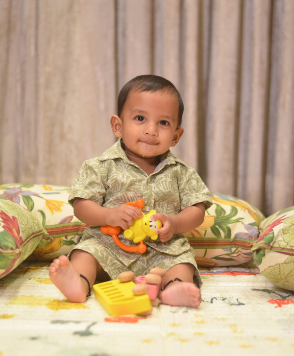 Olive Leaf Printed Cotton Linen Shirt & Shorts Boys Co-ord Set