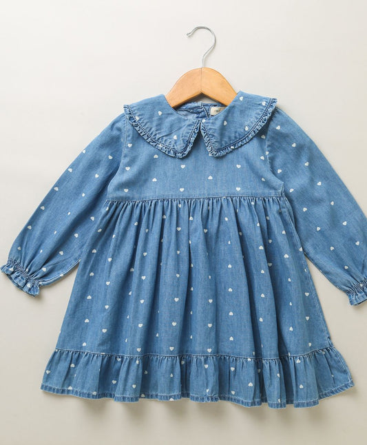 White Hearts Printed Cotton Denim Full Sleeves Dress