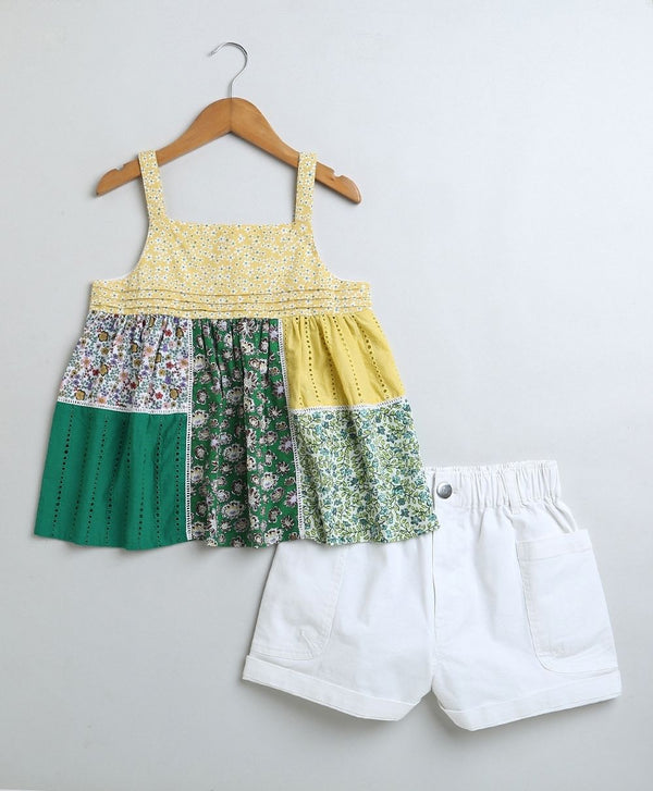 Yellow-Green Tiered Top & White Twill Shorts Co-ord Set