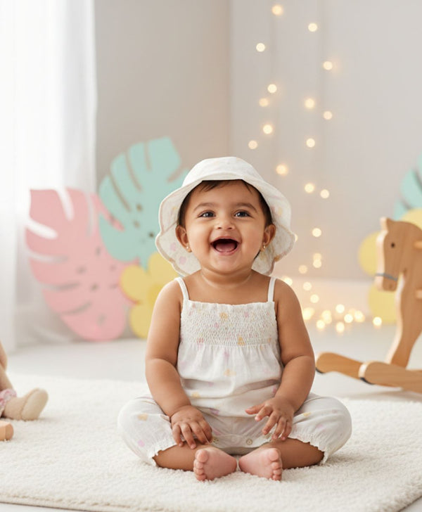 Sweetlime By AS Baby Girls' Cotton Buttercup Breeze Romper & Hat Set - White