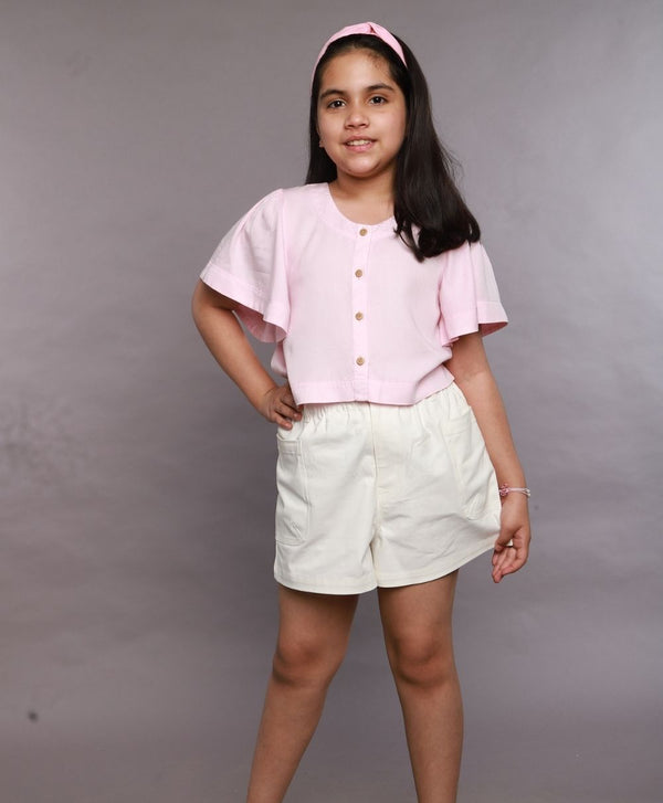 Pink Frill Sleeves Cotton Tencel Top & White Cotton Twill Shorts Co-ord Set