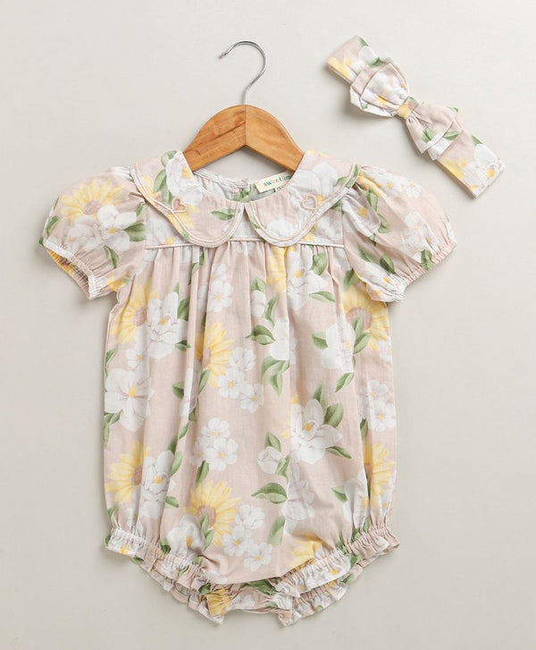 Sweetlime By AS Baby Girls' Blush Bouquet Bubble Cotton Romper with a matching Bow Hairband - Beige