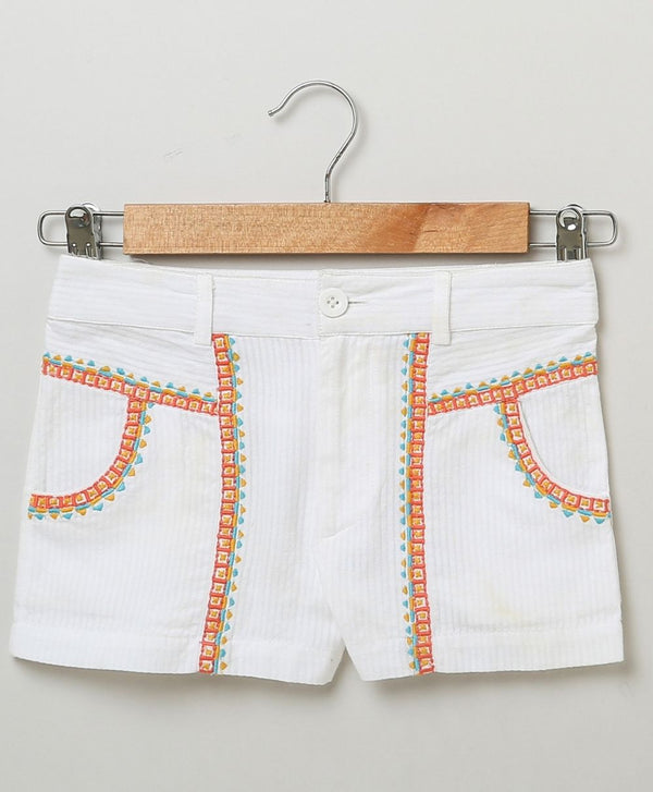 Multicoloured Embroidery White Shorts