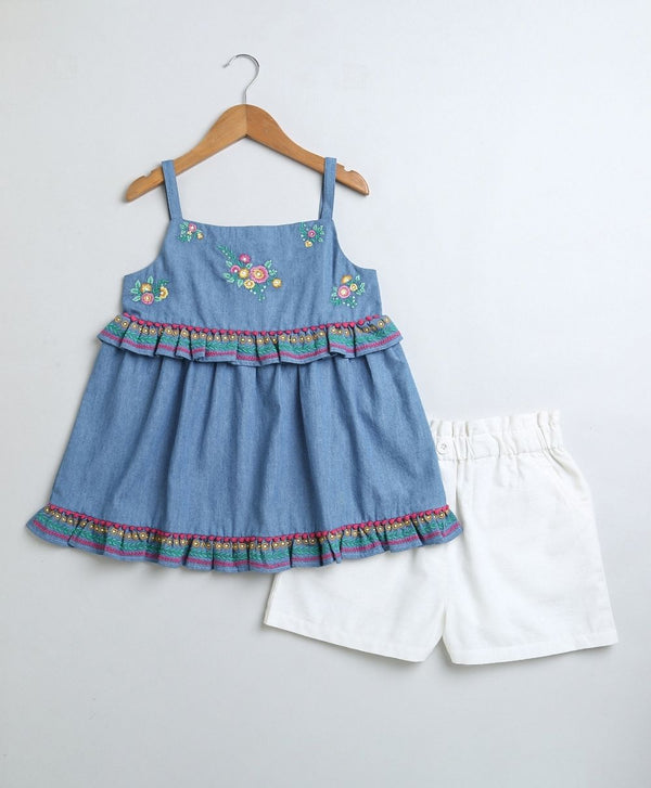 Denim Floral Embroidery Top & White Twill Shorts Co-ord Set