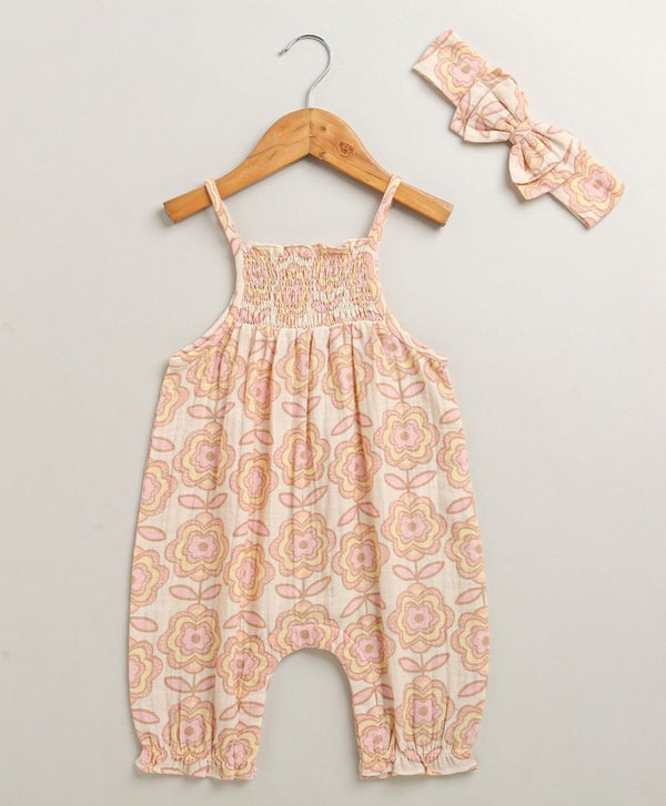 Sweetlime By AS Groovy Bloom Smocked Cotton Romper & Hairband Co-ord Set - Beige