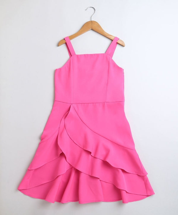 Ruffled Solid Pink Polyester Party Dress