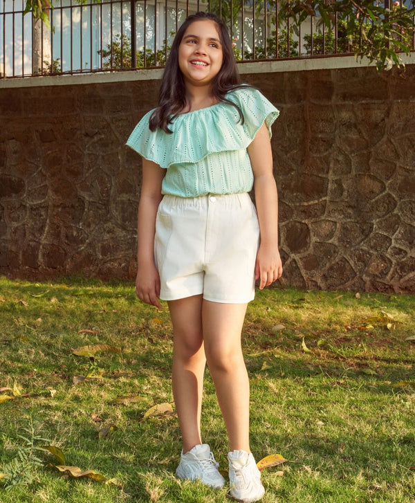 Pastel Green Off-Shoulder Schiffly Crop Top & White Cotton Twill Shorts Set