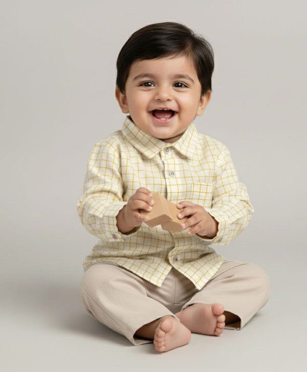 Sweetlime By AS Baby Boys' Classic Gentleman Organic Cotton Yellow Checks Shirt & Trouser Set - Off White & Beige