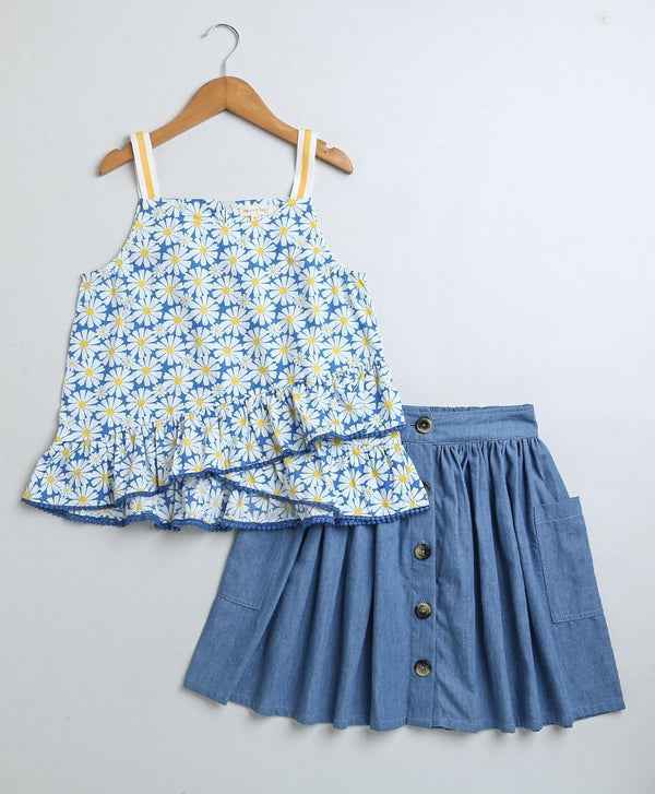 Blue Stylish Floral Print Cotton Top & Soft Denim Skirt Coord Set