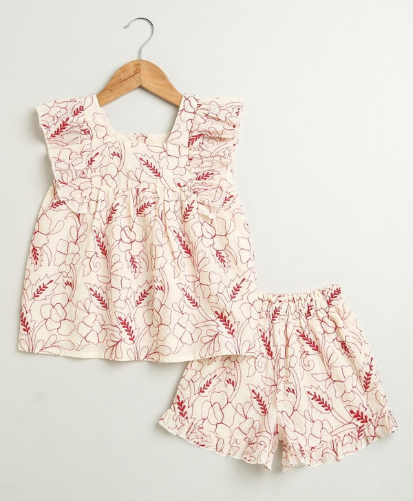 Red Floral Embroidery Ruffle Organic Cotton Co-ord Set