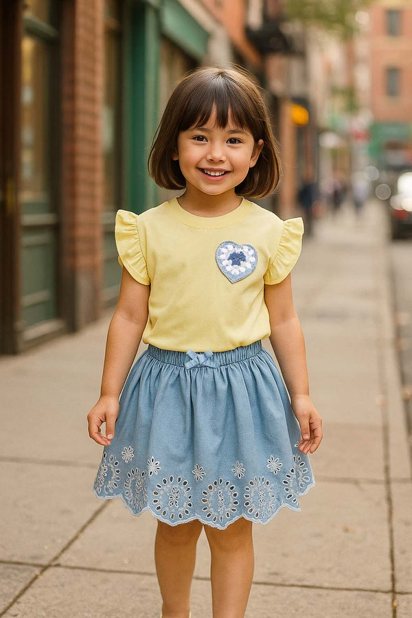 Honey Heart Ruffle Cotton T-shirt & Schiffly Embroidery Denim Skirt Set
