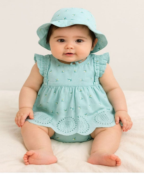 Sweetlime By AS Baby Girls' Bluebell Fairy Organic Cotton Ruffle Dress, Hat and Bloomer Set -Sea Green