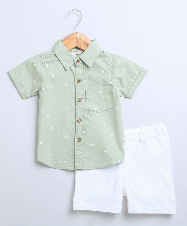 Bird Print Cotton Poplin Boys Shirt & White Cotton Slub Shorts