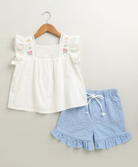 Sunshine Garden Ruffle Cotton Co-ord Set - White & Blue