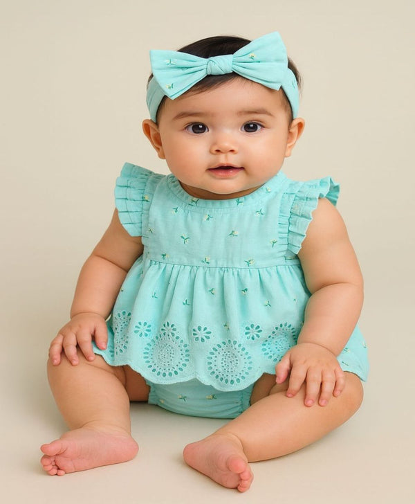 Sweetlime By AS Baby Girls' Bluebell Fairy Organic Cotton Ruffle Dress, Hairband and Bloomer Set -Sea Green