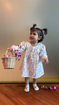 100% Organic Muslin Baby Girl Abstract Embroidered Dress Set with Bloomer – White & Red