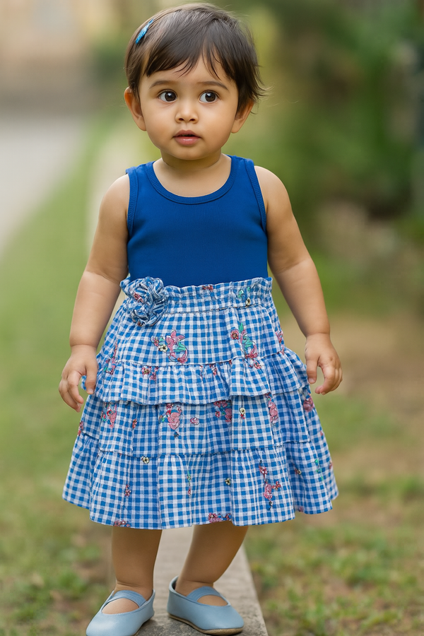 Blue Checks Flared Cotton Printed Dress.