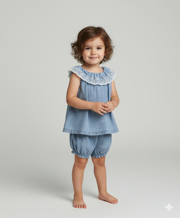 Sweetlime By AS Cotton Denim Ruffle Dress & Bloomer Set - Blue