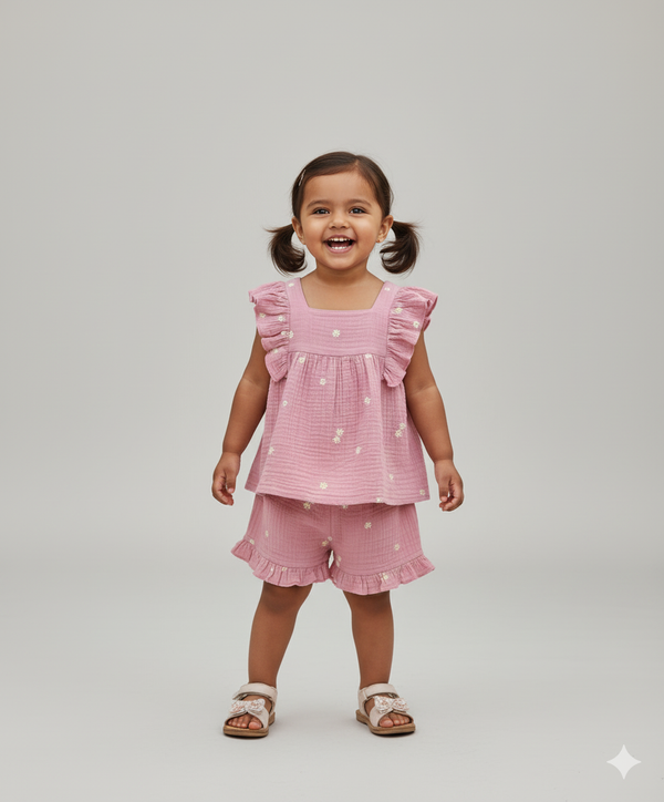 Sweetlime By AS Pink Floral Embroidery Organic Cotton Co-ord Set - Pink