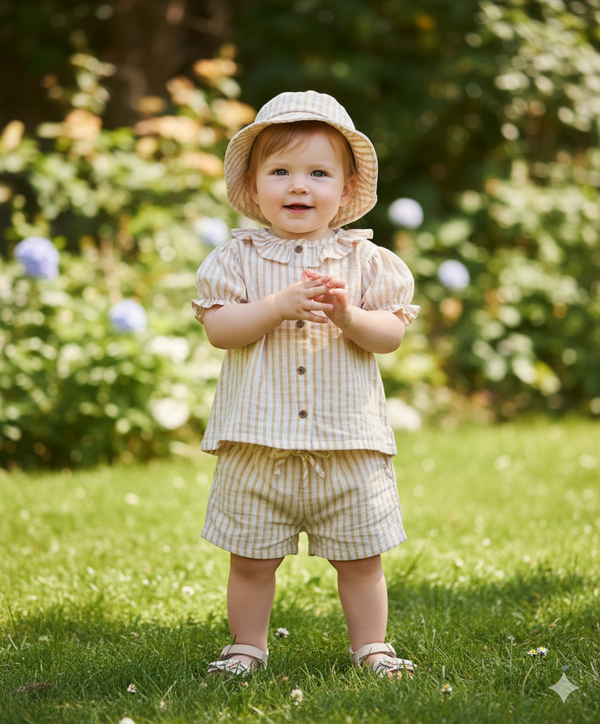Sweetlime By AS Baby Girls Honey Stripe Organic Cotton Co-ord Set with a Hat - Beige