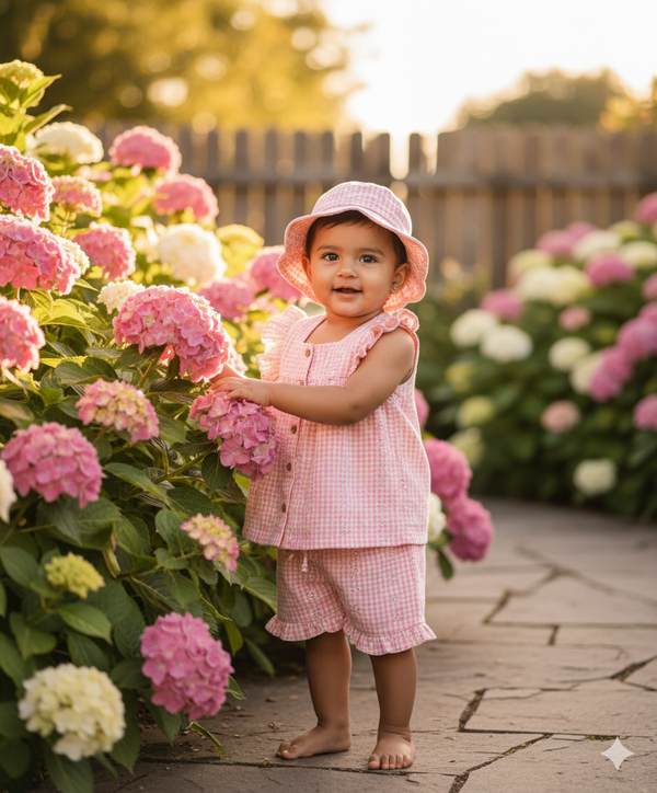Sweetlime By AS Baby Girls Gingham Daisy Organic Cotton Co-ord Set with a Hat - Soft Pink