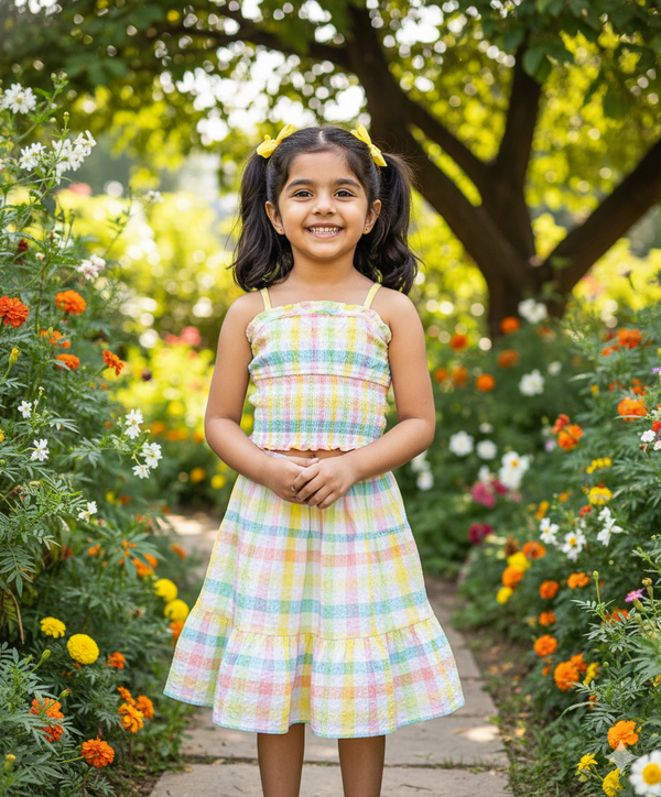 Sweetlime By AS Sleeveless Smocked Checks Top & Skirt - Multicoloured