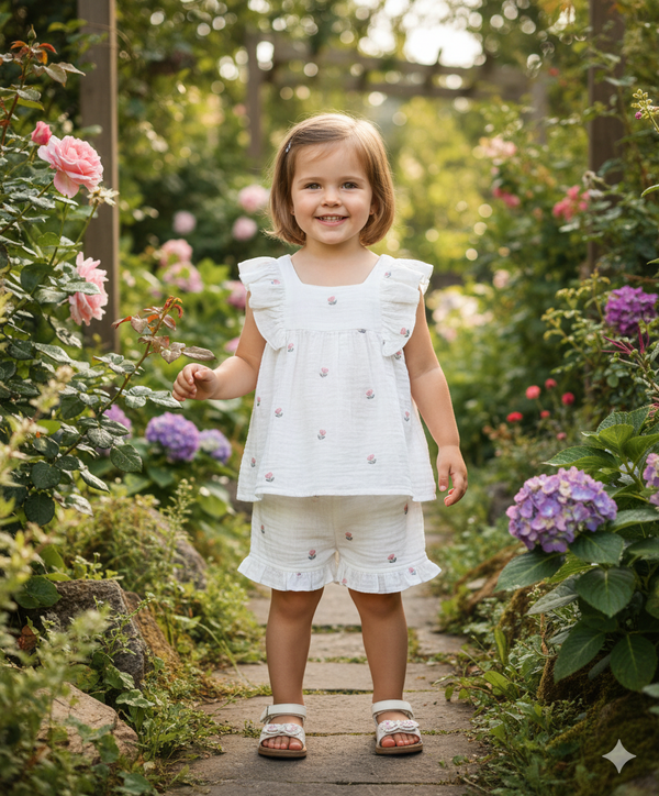 Sweetlime By AS Pink Floral Embroidery Ruffle Organic Cotton Co-ord Set - White