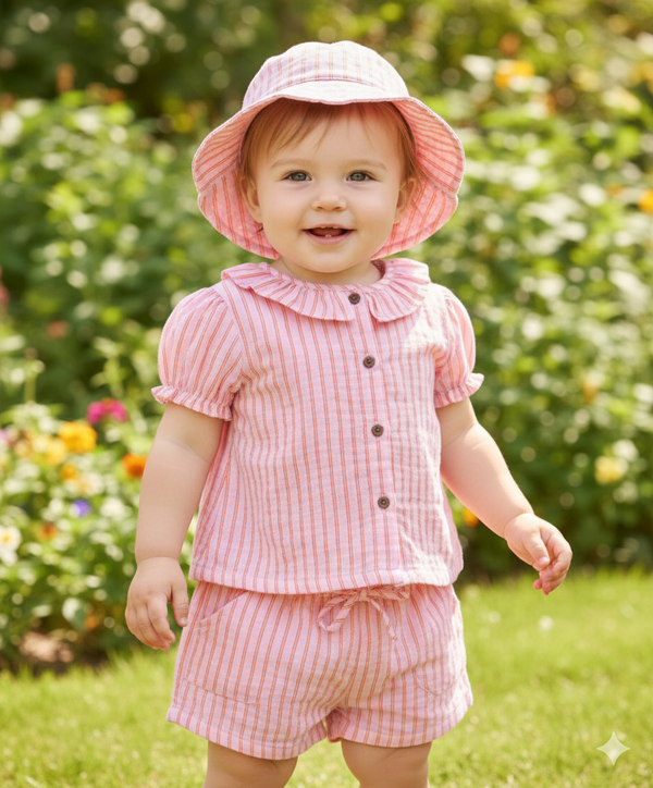 Sweetlime By AS Baby Girls Candy Stripe Organic Cotton Co-ord Set with a Hat - Pink
