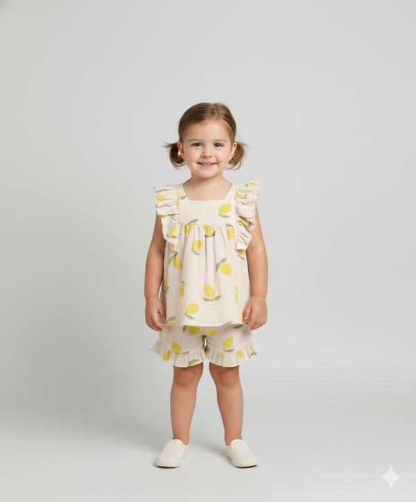 Sweetlime By AS Lemon Print Ruffle Organic Cotton Co-ord Set - Beige