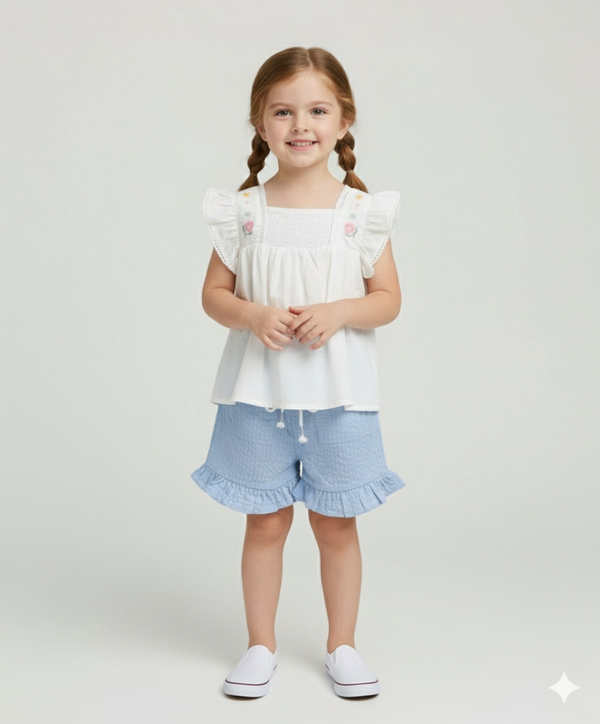 Sweetlime By AS Girls Sunshine Garden Ruffle Cotton Co-ord Set - White & Blue