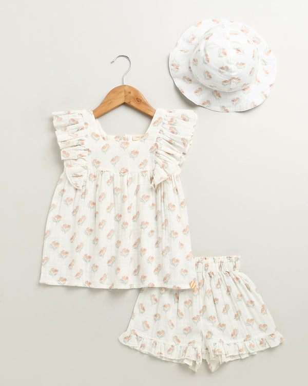 Sweetlime By AS Blossom Breeze Organic Cotton Summer Co-ord White Set With A Hat - White