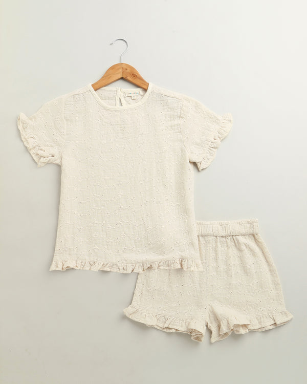 Sweetlime By AS Girls Vanilla Whimsy Ruffle Cotton Co-ord Set - Off-White