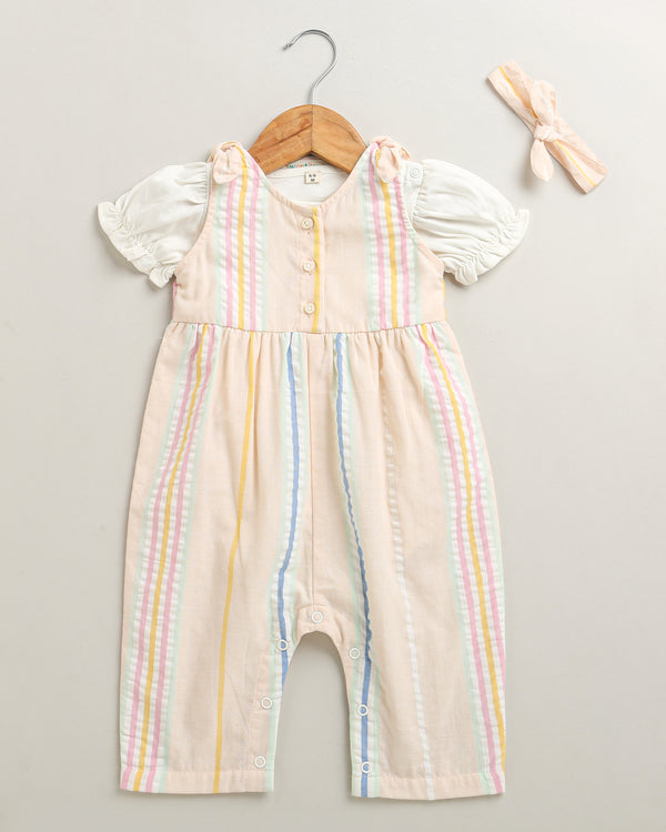 Sweetlime By AS Baby Girls' Striped Cotton Romper with Hairband - Multicoloured