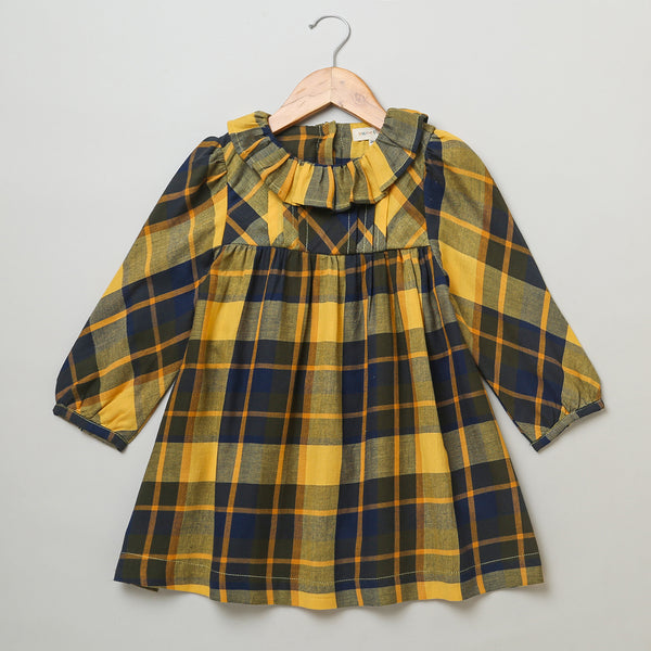 Yellow Long Sleeves Plaid Flannel Dress
