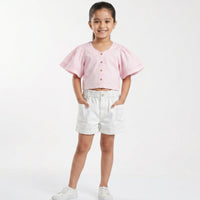 Frill Sleeves Cotton Tencel Top & Cotton Twill Shorts Co-ord Set - Pink & White