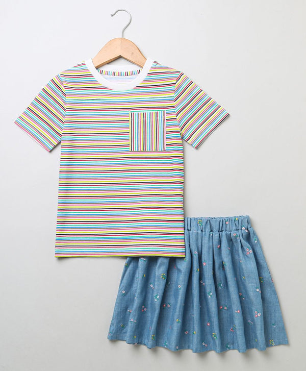 Multicoloured Striped T-shirt & All-over Floral Embroidery Denim Skirt