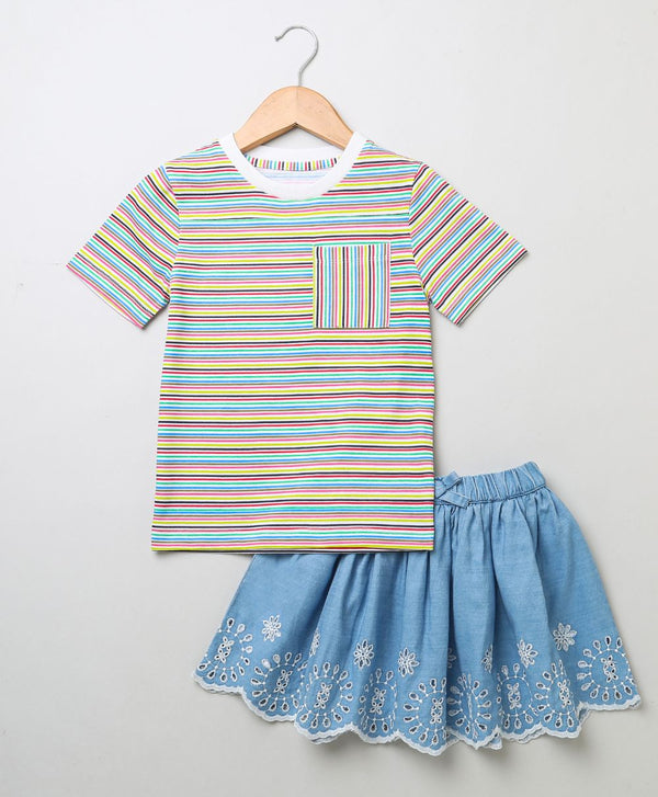 Multicoloured Striped T-shirt & Schiffly Embroidery Denim Skirt